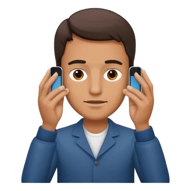 a guy holding an smartphone with both hands in landscape mode in front of his forehead sticker