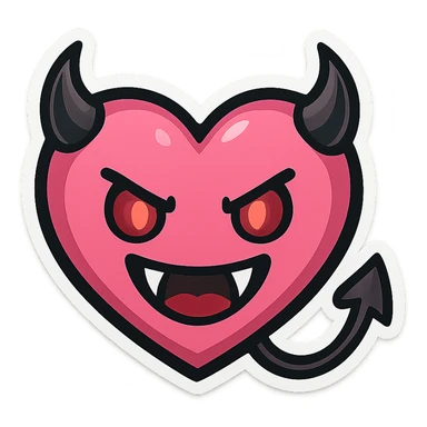 devil emoji, chibi style, pink and black colors, heart-shaped face, sharp fangs, glowing eyes, dramatic shadows sticker