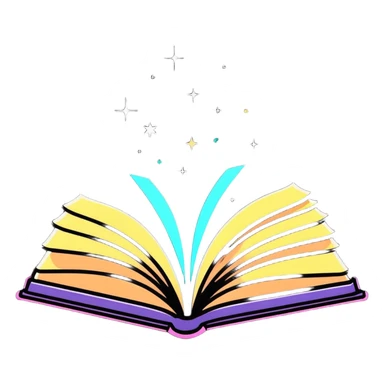 Open book with magical words and glowing sparkles floating above it sticker
