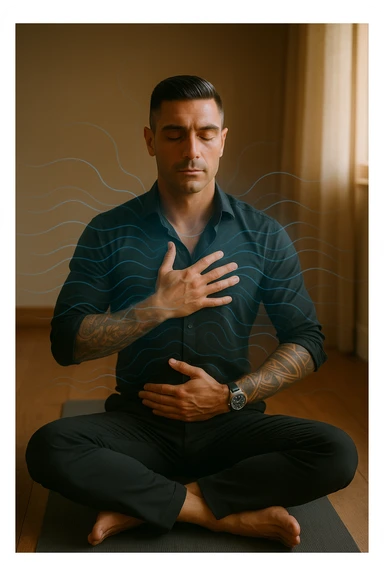 A highly realistic, cinematic portrait of a man in his early 30s with a calm, focused expression, sitting cross-legged on a yoga mat in a softly lit room. His eyes are closed, and he is performing deep diaphragmatic breathing, with one hand resting on his chest and the other on his abdomen, visibly rising and falling with each breath. A subtle glow or faint blue light outlines his body, symbolizing calm energy and nervous system regulation. Around him, faint symbolic waves or flowing lines in blue tones represent the breath calming the autonomic nervous system, while a soft warm light from a window illuminates his relaxed face. The atmosphere is peaceful and grounded, with warm natural tones and a clean, minimalist setting, evoking the feeling of inner calm and nervous system reset through conscious breathing. Style: 35mm hyperrealistic film photography, soft depth of field, warm lighting with clear focus on the man's peaceful face and breathing posture sticker