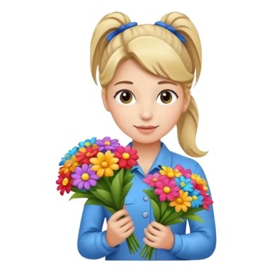 Young female florist – ponytail, holding a bouquet with ribbon sticker