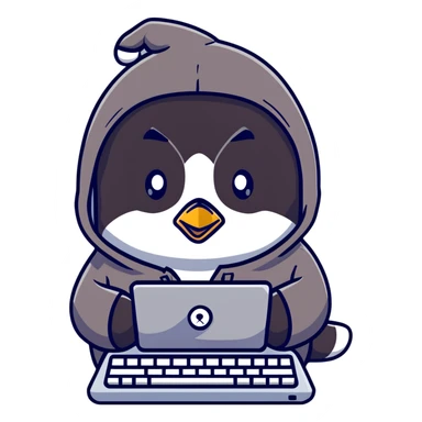 A cute penguin wearing a cozy hoodie typing on a computer keyboard sticker