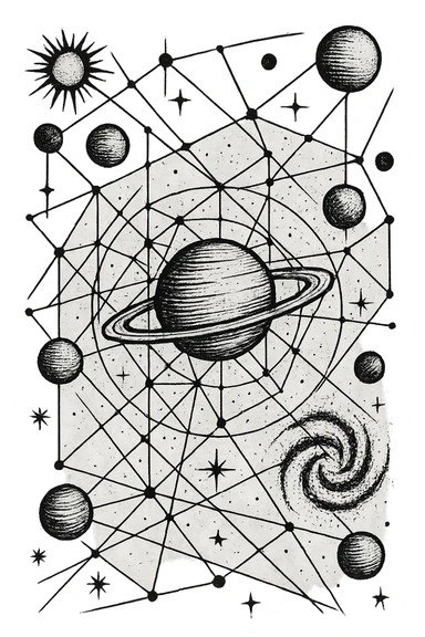 a design for an decorative black and white map, showing linework of galactic planets and a glalactic ley lines matrix map. black linework. proto-gothic "trashpolka" sticker