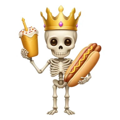 A cute skeleton wearing crown and holding hot dog full body sticker