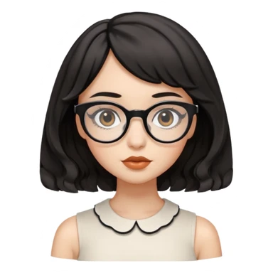 young female with black wavy French bob hairstyle, black round eyes, white square eyeglasses, wearing a peplum top sticker