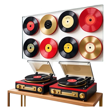 Icon for Vinyl Record Collecting: large black, golden and red vinyl records in decorative packaging featuring artist images, neatly arranged on a wall or shelf, modern vinyl record player. The icon should reflect the aesthetic and artistic aspect of collecting vinyl records. Transparent background. sticker