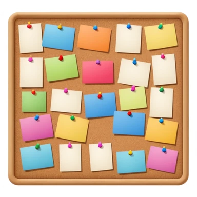 board with pinned photos and notes sticker