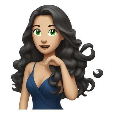 a brunette with long hair and green eyes and in a dark blue dress sends an air kiss sticker
