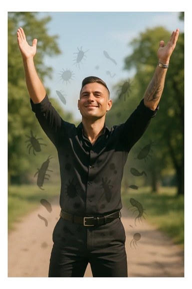 a man stands outdoors in bright sunlight, arms raised in relief and joy, while faint, shadowy silhouettes of parasites fall away from his body and dissolve into the air. His posture is upright and energetic, his expression serene and healthy. The background features green trees and a clear sky, emphasizing liberation and restored well-being. sticker