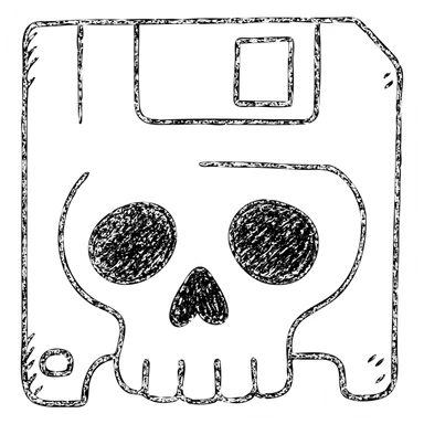 floppy disc shaped like a skull, hand drawn outlined icon sticker