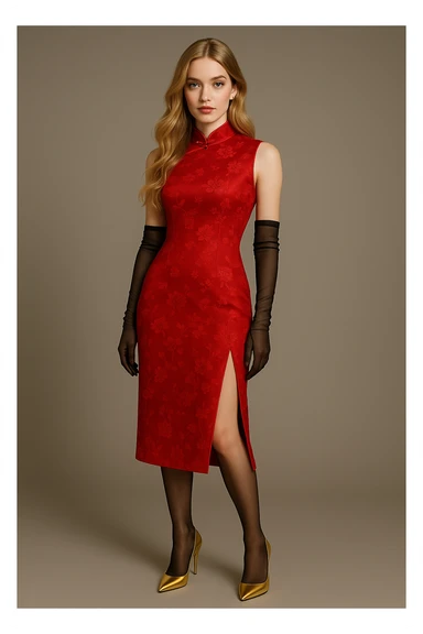 Change the qipao to a vibrant red color with delicate floral embroidery, keeping all other details the same: 18-year-old Nordic white girl, blonde hair, blue eyes, long wavy hair, model figure, black sheer long gloves, black stockings, gold high heels. Maintain elegance and style. sticker