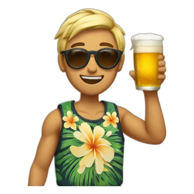 Japanese wearing roundglasses alohashirt is holding beer sticker