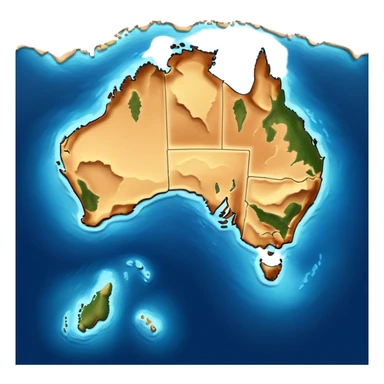 Cinematic-realistic outline of Australia, featuring its distinct landmass with accurately defined coastlines. The deep blue ocean surrounds the golden-brown continent, with subtle topographic shading to highlight its terrain. A soft glowing effect enhances the edges, making the shape stand out against a neutral, textured background. sticker