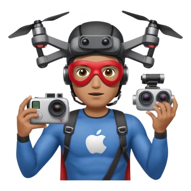Super hero photographe, gopro sur la tête, masque ce fpv  (style Apple vision) sur les yeux. Un drone à côté de lui. Il tiens un appareil photo reflex. sticker