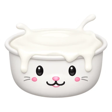 Replace the food in the adorable cat food bowl with milk, the bowl is overflowing with milk, keep the adorable cat food bowl style and apple emoji style, no background. sticker