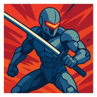Grey Fox (Metal Gear Solid) with glowing red visor, holding a katana, action scene, stylized illustration sticker