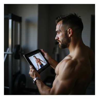 Uomo che guarda video di allenamento muscolare sul tablet, appare insicuro e poco motivato, testo in italiano: “Aumentare i muscoli per accelerare il metabolismo”. Stile iperrealistico. sticker