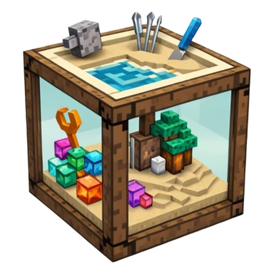minecraft crafting tabme with tools, stone, wood, glass, sand, ... in a minecraft cube crafting table sticker