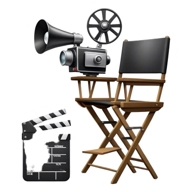 Icon for Directing: a director's chair, a film clapperboard, large movie camera, vintage megaphone and a stage with a spotlight. The icon should represent the creative and organizational aspects of directing, with focus on storytelling, staging, and performance. Transparent background. sticker