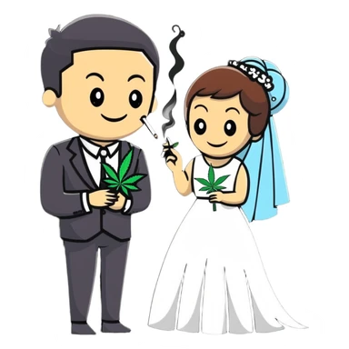Full body view of person in fancy clothes sneaking into a wedding ceremony with a mischievous grin, uninvited guest, smoking cannabis sticker