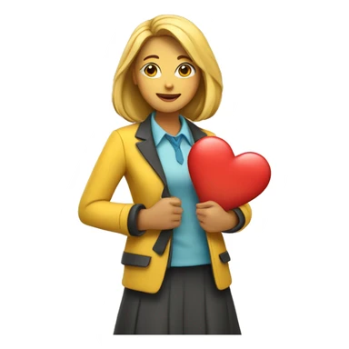 A female teacher in a yellow jacket holds a heart in her hands sticker