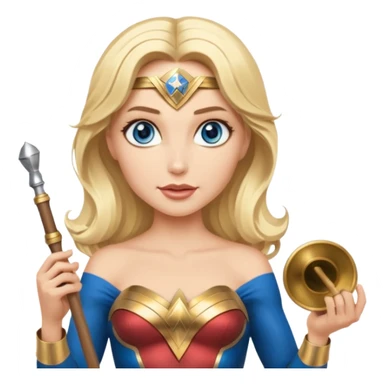 Blonde blue eyed Wonder Woman holding white orchestra conductor’s baton and bell  sticker