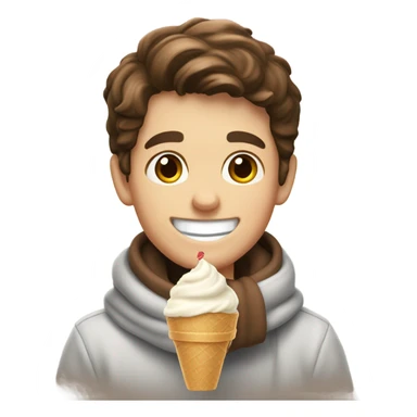 White boy so hungry he’s eating ice cream with his brown hair, brown eyes, big smile, and a scarf sticker