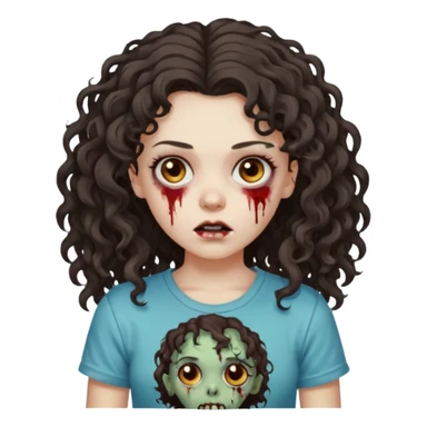 zombie girl with curly hair n brown eyes, dark and long hair 3a with wavy scalp, just a tshirt Ok but less curls and hair under te shoulder sticker