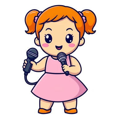 cute, energetic cartoon performer - orange pigtails, pink dress, microphone in hand, and a big "I'm about to rock this stage" pose. sticker