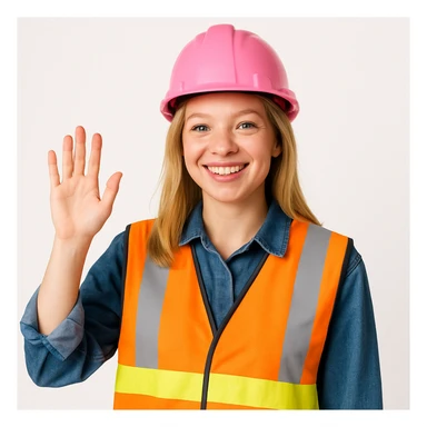 blonde girl construction worker, pink helmet, safety vest, waving, clean background sticker