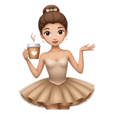 Elegant ballerina in a cappuccino-colored tutu, posing gracefully with a coffee cup sticker
