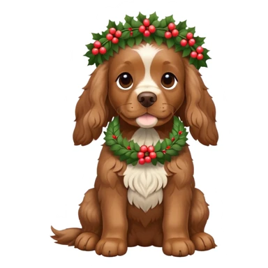 Full body shot of brown cocker spaniel sitting happily with a wreath on his head sticker