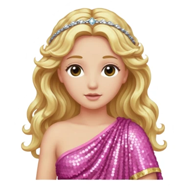 Aphrodite from Greek Gods with long blonde wavy hair, pink sequin toga sticker