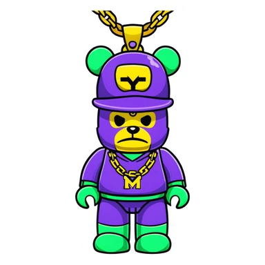 classic bearbrick figure with lime green mask covered in chaotic brand logos, wearing several large gold chains, gold pendant, rapper style accessories, expressive eyebrows sticker
