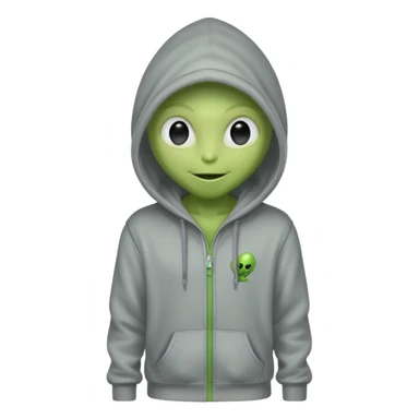 green alien in gray hoodie full height, wear hoodie hat, happy sticker