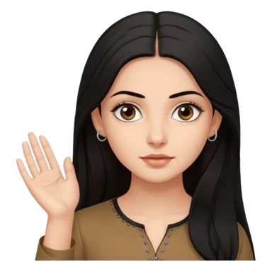 a pretty bratz fair girl with long black hair, kajal under eyes, small silver hoop. brown kurti on sticker