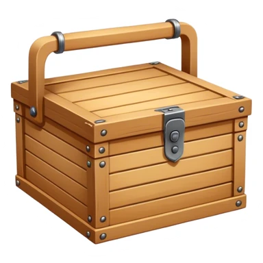 A rectangular or square box, usually made of wood or metal, used for storing items, often with a lid and handle sticker