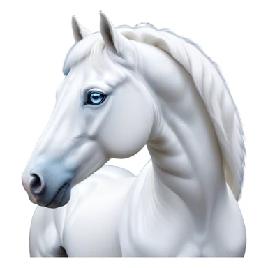 Cinematic Noble White Horse Portrait Emoji, Poised and regal, with a strong, athletic build and a pristine, well-groomed pure white fur, deep-set soulful blue eyes, Simplified yet sharp and sophisticated features, highly detailed, glowing with a soft, dignified glow, high shine, intelligent and majestic, stylized with an air of ethereal grace, focused and attentive, soft glowing outline, capturing the essence of a watchful and confident steed, so majestic it feels as though it could gallop out of the screen with effortless authority! sticker