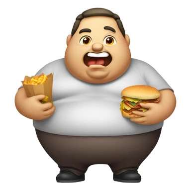Overweight cartoon character with mouth and hands full of food sticker