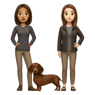 A woman with straight shoulder length brown hair holding a brown dachshund  sticker