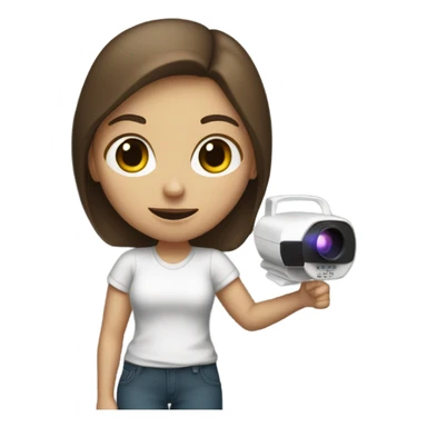 White girl with brown hair holding a projector, shaking her finger no sticker