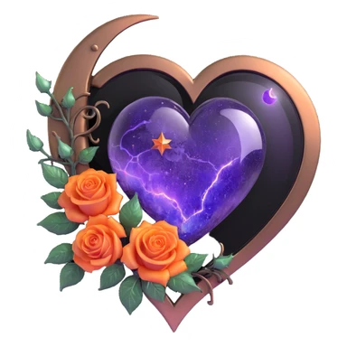 gothic heart made of bronze glass, silver crescent moon, orange roses, holographic stardust, neon purple lightning, wet and cracked glass sticker