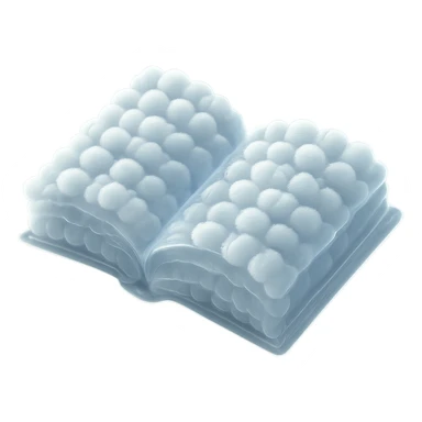 top view of a thick open book made entirely of small, very bright white fluffy convex clouds, matte glass style sticker