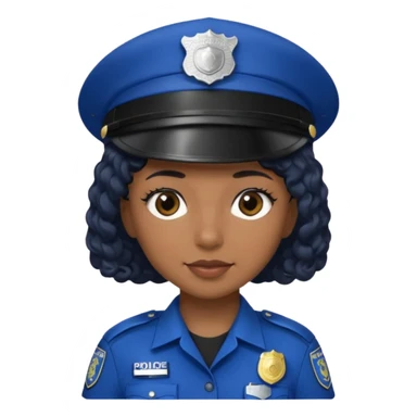 A female police officer with medium-dark skin tone, wearing a dark blue police cap with a silver badge in the center, short curly black hair showing from under the cap, large brown eyes, and a slight smile. sticker