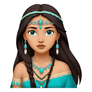 Cinematic Realistic Elegant Pocahontas Portrait, depicted with sun-kissed, warm skin rendered in lifelike detail and soft, natural lighting that accentuates its gentle glow. Her long, flowing dark hair is intricately detailed with natural movement, and her wise, expressive eyes shine with a deep, serene intensity. She is dressed in traditional attire with rich earthy tones and subtle turquoise accents, each fabric fold and texture rendered authentically. The portrait exudes a natural radiance that captures the timeless, indigenous beauty of Pocahontas with depth and authenticity. sticker