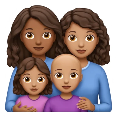 Simple family emoji where the dad is darker skinned and bald, the mom is lighter skinned with brown hair. Also two daughters with one having slightly darker skin and black wavy hair. The other daughter with lighter skin and wavy brown hair. sticker