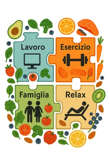 Puzzle (Lavoro, Esercizio, Famiglia, Relax), in lavoro metti icona di un PC, in Esercizio un Manubrio, in Famiglia una famiglia, in Relax qualcuno che riposa and healthy foods are integrated into each piece. in italiano sticker