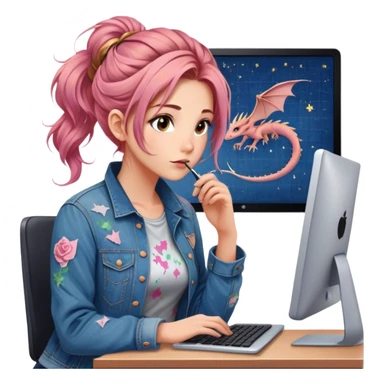 Gender: Female Hair: Rose-gold balayage in messy fishtail braid Face: Starry-eyed gaze looking past computer Clothes: Paint-splattered denim jacket over office dress Action: Doodles of dragons invading spreadsheet cells sticker