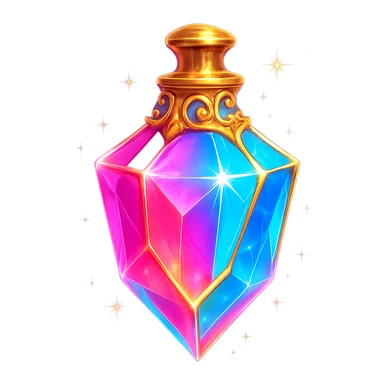 premium crystal elixir bottle in colorful chewing gum style, bright colors, lots of glow, edges, ornaments, golden details, magical effects, very small golden neck, transparent background, beautiful seamless bottom, bottle clearly floating in air, no base or shadow, very luxurious, playful, matching a collection sticker
