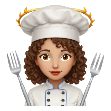 Mixed-race female chef with medium-length curly brown hair, wearing a chef's hat (toque), with both an angel halo and devil horns on her head sticker